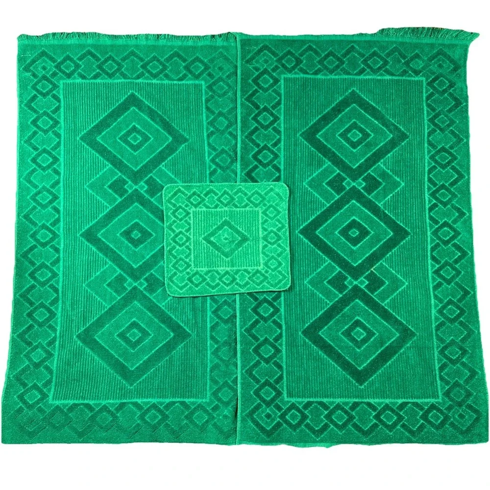 Vintage Dundee Green Fringed Towel Set‎ 2 Bath & 1 Washcloth Texture 100% Cotton